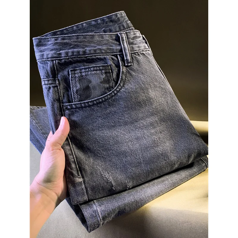 ライトラグジュアリーファッションストレートレッグルーズジーンズメンズ2025秋新作ポケットプリントウォッシュドアメリカンカジュアルワイドレッグパンツ