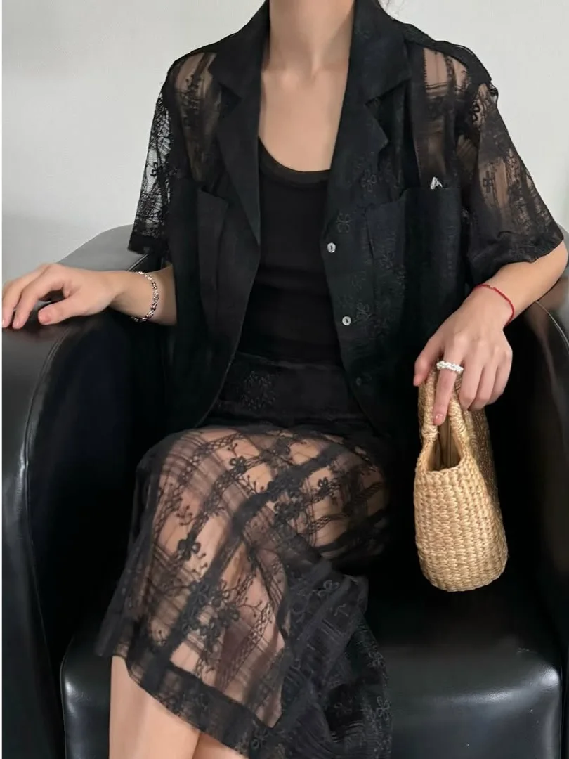 

Летний комплект Faion для женщин, корейский двусторонний комплект с вышивкой и кружевной юбкой ort Sve на пуговицах