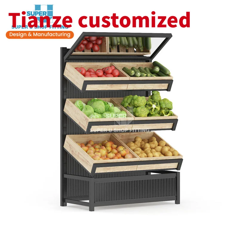 (customized)Wood Fruit Display Rack Supermarket Fruit Vegetable Display Rack Megastore Dry Grocery Vegetable Shop Rack