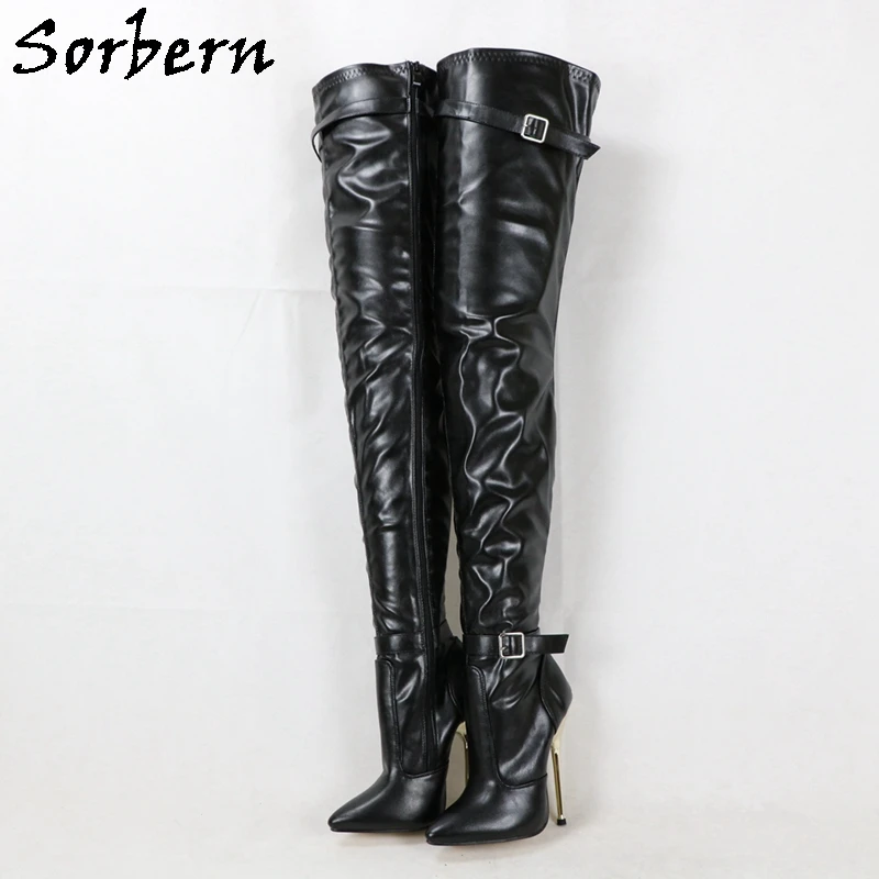 Sorbern Mid Thigh High Boots Metal Stilettos 14Cm High Heel Pointed Toe Over The Knee Long Boots Custom Streched Pu Leather