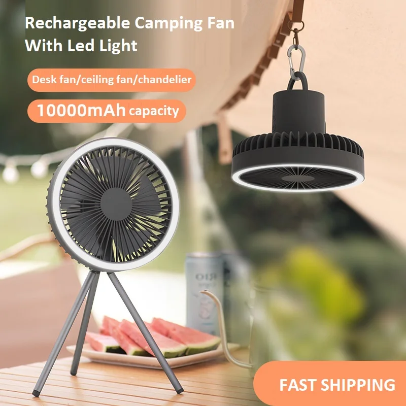 

Portable Camping Fan Rechargeable Mini Fan USB Outdoor Camping Ceiling Fan With Led Light Tripod Stand Desktop Fan Gray/White