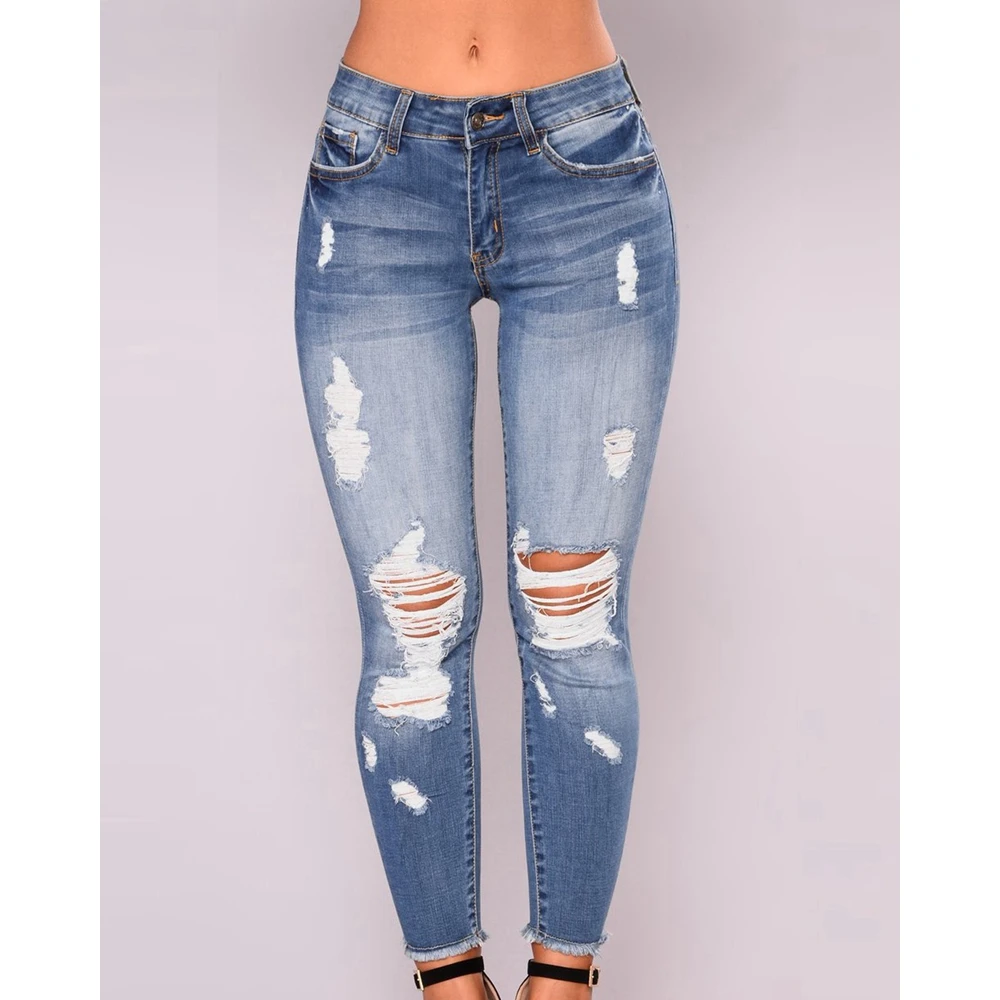 

Hollow Out Ripped Washed Skinny Leg Jeans Casual Bleached Denim Vintage Pants