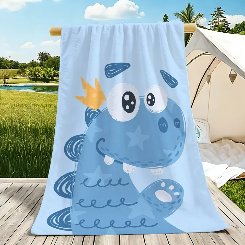 

Милая иллюстрация синего динозавра в короне, напечатанная на пляжном полотенце. Мягкая и приятная для кожи, не линяет, легко чистится.