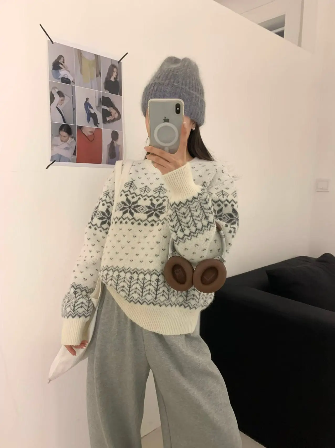 Retro Fair Isle Fiocco di neve Colletto alla coreana Maglione lavorato a maglia Donna Autunno Inverno Rosso Lungo Sve Anti invecchiamento Maglione pigro