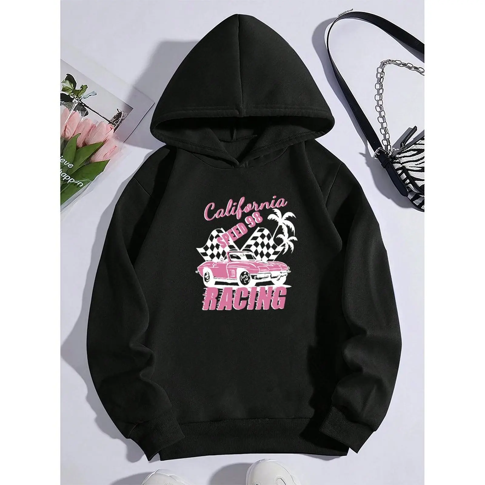 

Women's Winter Hoodie Sweatshirt With Print Design, Long Sleeve Casual Pullover Top For Outdoor Activities, Grey