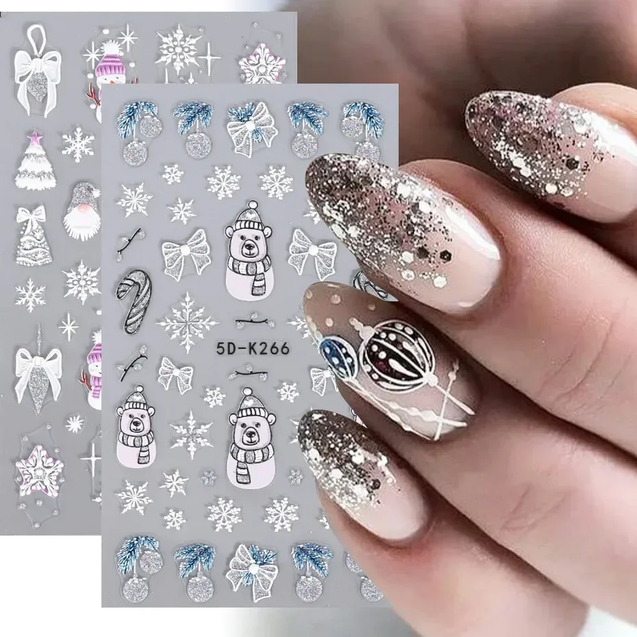 Pegatinas navideñas de copos de nieve en relieve 5D, calcomanías de dibujos animados de Papá Noel, calcomanías de manicura DIY, puntas de aluminio