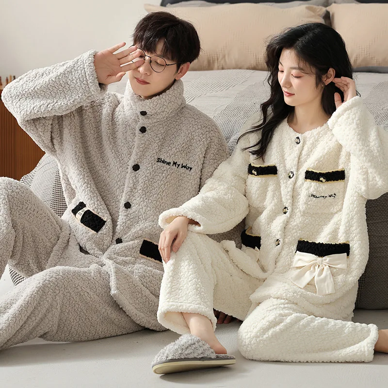 Coral Velvet Lovers Pajamas Women Winter Plus Velvet Winter Thick Warm Men's Home Suit 2023 New Style Pyjamas Sets