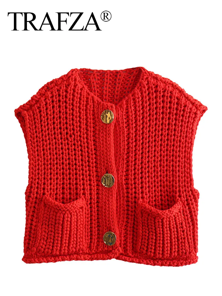 TRAFZA Women\'s Fashion Red Cropped Knitted Vest Elegant Gold Buttons O Neck Sweater Cardigan Spring Y2k Female Streetwear