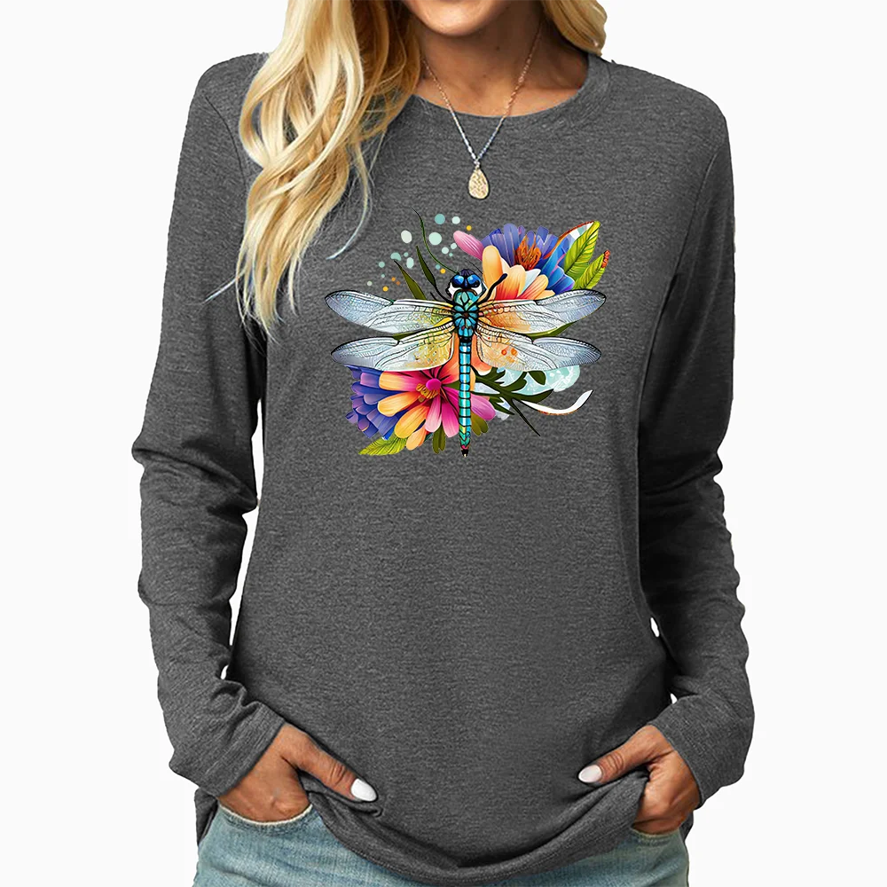 Blue Dragonfly Colorful Flower Print Women\'s T-shirt Women\'s Long Sleeve