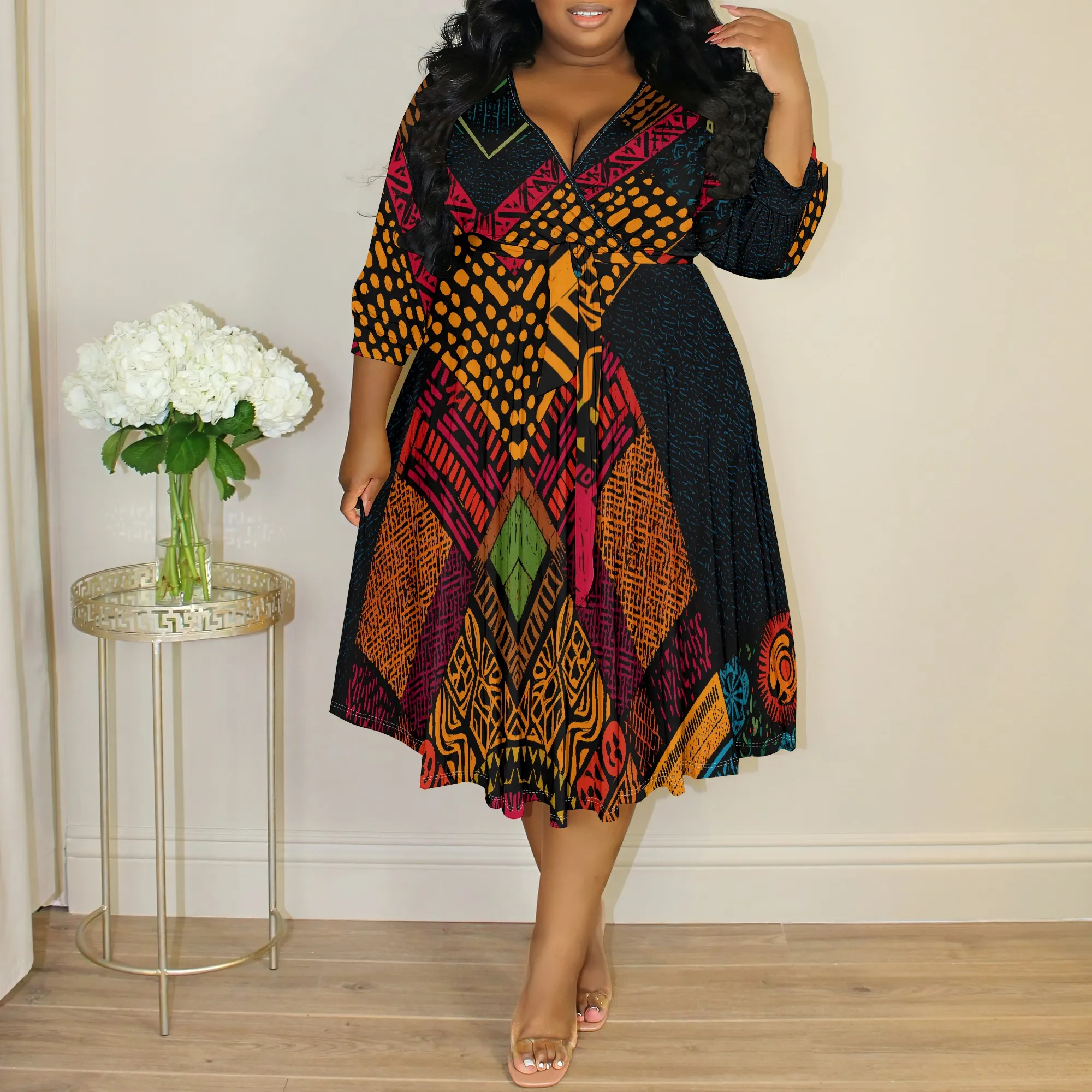 

Plus Size African Print Midi Dress - Vibrant Geometric V-Neck Wrap Dress for Holiday Party & Kwanzaa Celebration XL-6XL