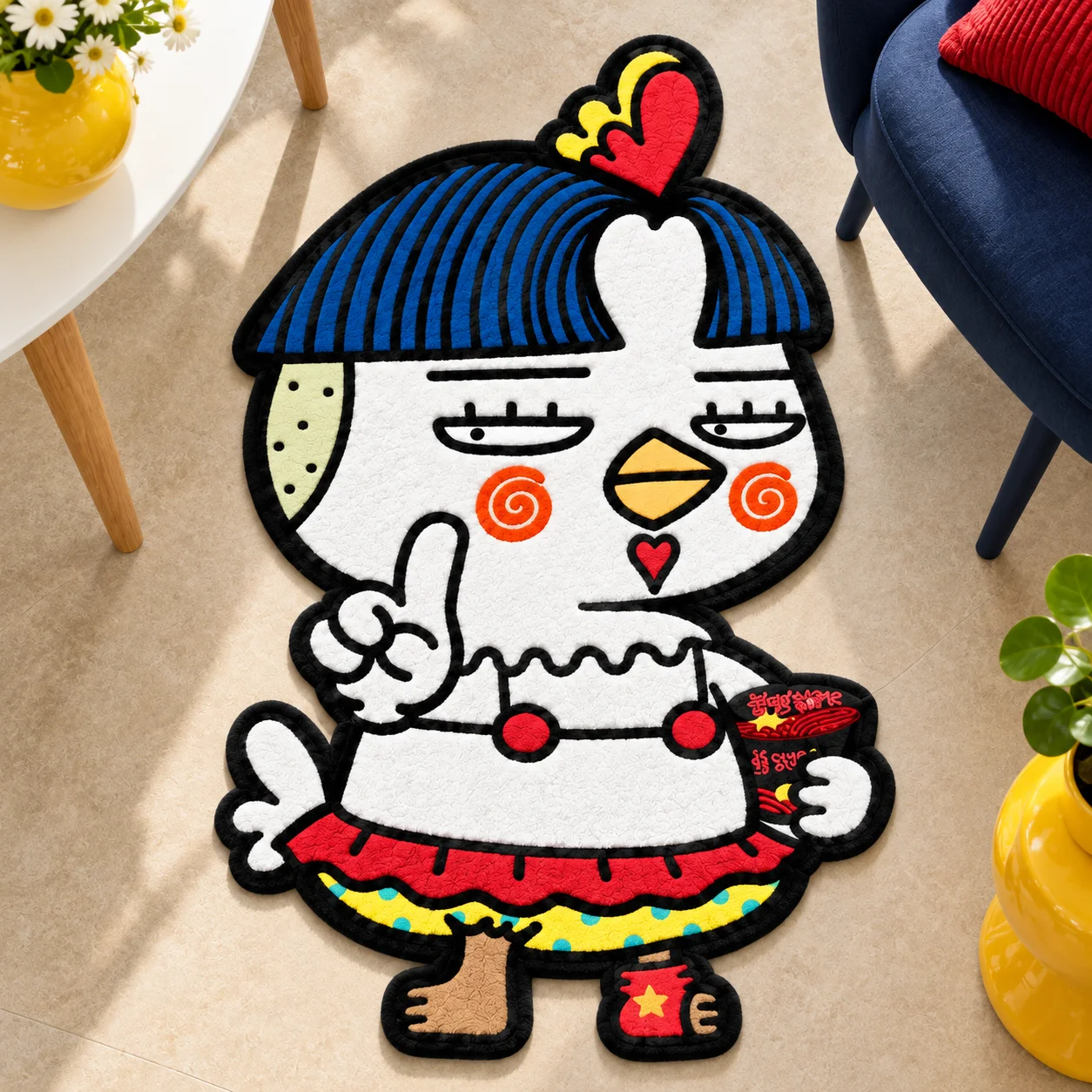 Funny B-Buldak Ramen Shaped Area Rug, Cartoon Chicken Indoor Irregular Flannel Door Mat for Kitchen Bedroom Dining Room Decor