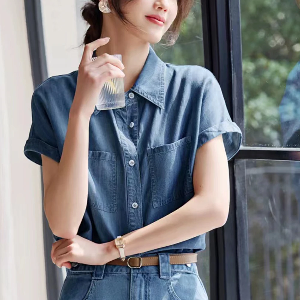 2024 Summer Vintage Denim Shirts For Women Solid Casual Loose Women\'s Short Sleeve Shirts And Blouses Fashion Female Tops