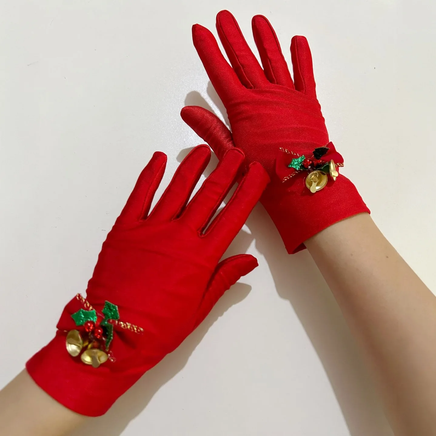Gloves Christmas Red Full Finger Gold Bell Bow Party Stage Performance Holiday Photo Costume Polyester Adult Size Lightweight