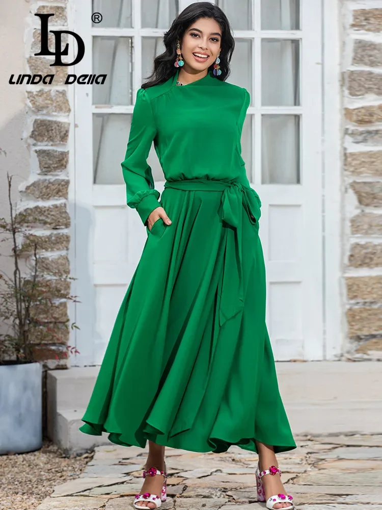 LD LINDA DELLA Summer Fashion Designer Solid Green Dresses Women's Long Sleeve Belted Loose Draped Chiffon Elegant Long Dress