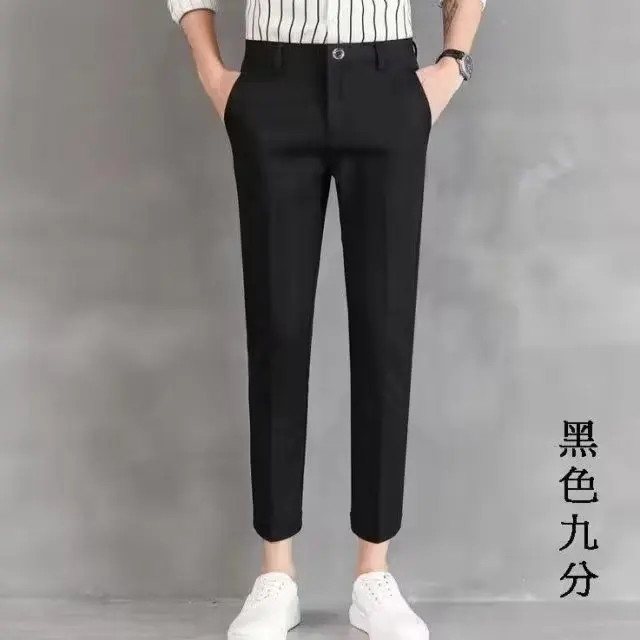 Japanese and Korean Style Men Spring and Autumn Thin Vertical Vertical Vertical Nine Points Black Business Simple Suit Pants