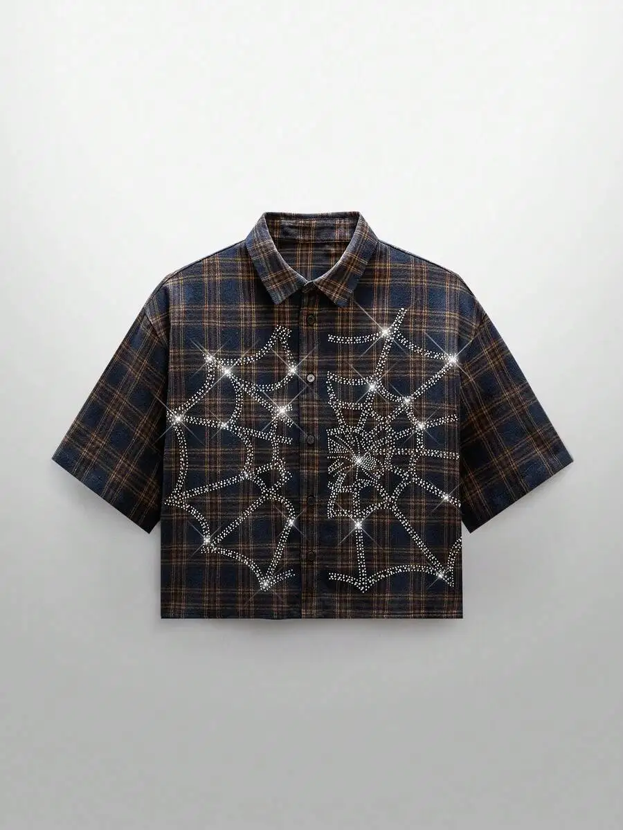 

Men's Loose Fit Plaid Shirt with Rhinestone Spiderweb Design, Casual Summer Wear