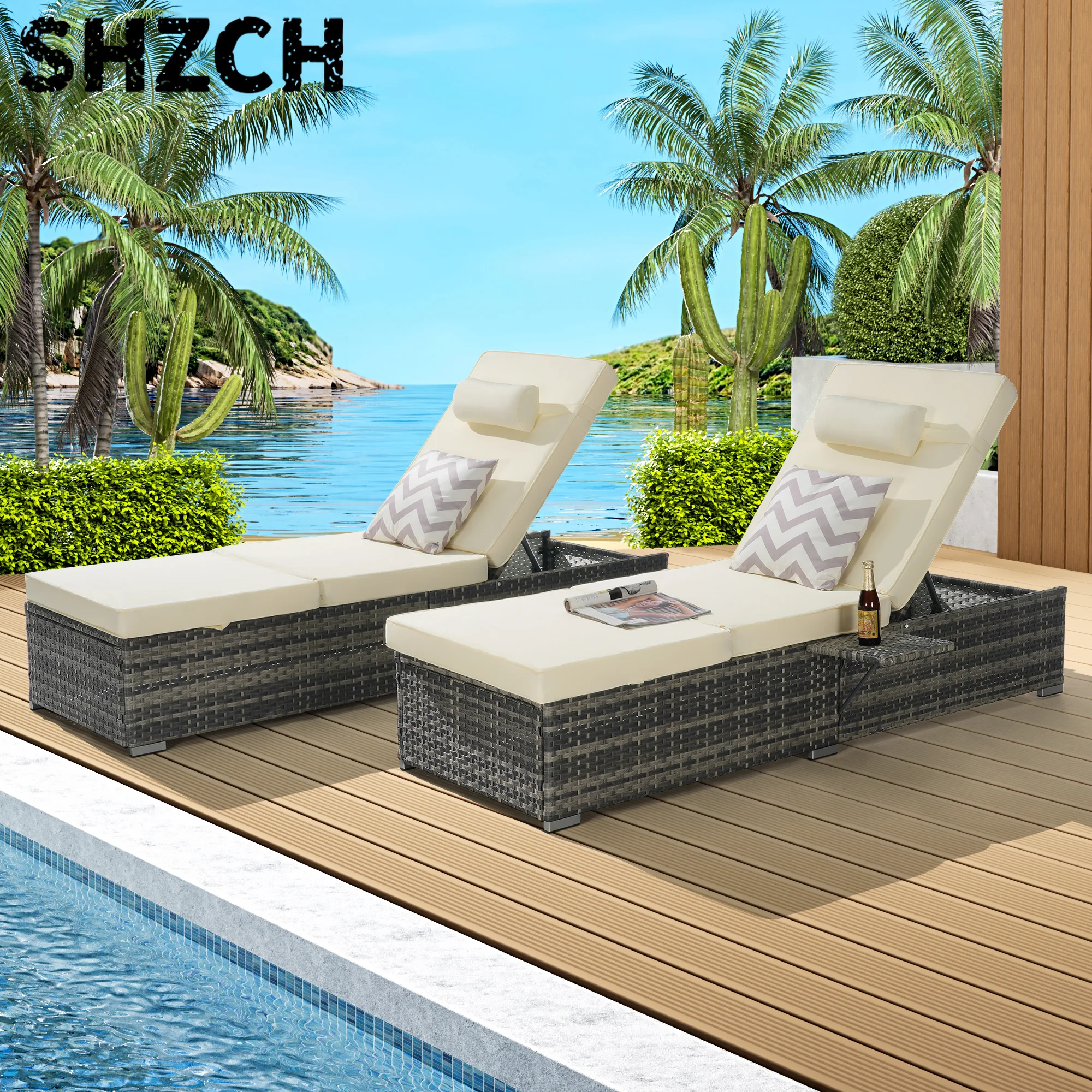Outdoor Chaise Lounge Chair Set Of 2 With Storage Patio Pool Chairs Tanning Lounges For Outside