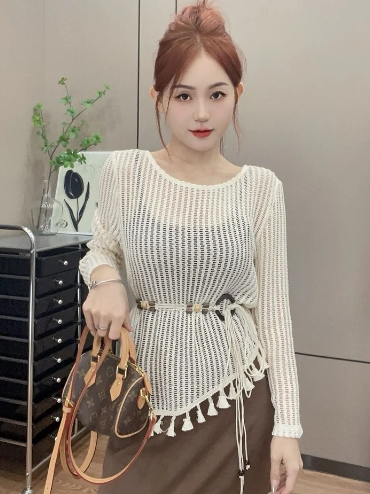 

Ele Hollow out Long Sve Dr Set for Women Commute Autumn 2024 New Arrival Small Size Faionable Student School orm