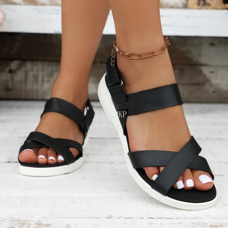 Women Sandals Fashion Cross Trend Anti-slip Wear Comfortable Matching Sole Pure White Shoelace Wedge Sandals Platform Sandals