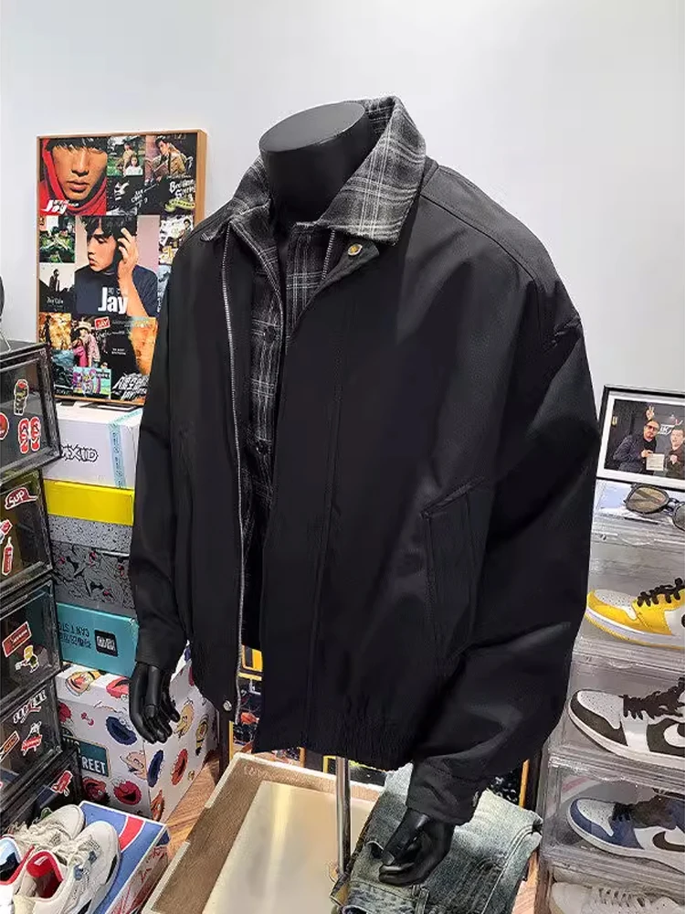 

Vintage Brown Men's Baseball Jaet Autumn Winter Plaid Patchwork Fake Two-Piece Collar Coat Warm Thiened Long Sve Zipper