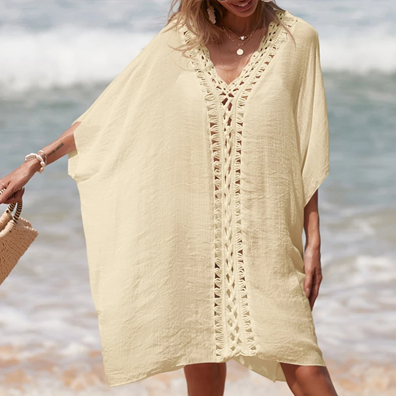 Holiday Crochet Knitted Beach Cover-Ups Dress Splicing Loose Dress Solid Color Beachwear transparent Sunscreen Sexy Beach Smock