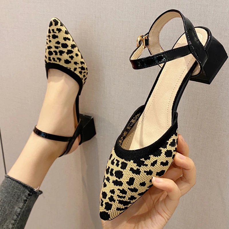 Sandals Women's Fashion Leopard Print High Heels Shoes Pointed Soft and Comfortable Thick Heel Strap Anti slip Rubber Sole Summe