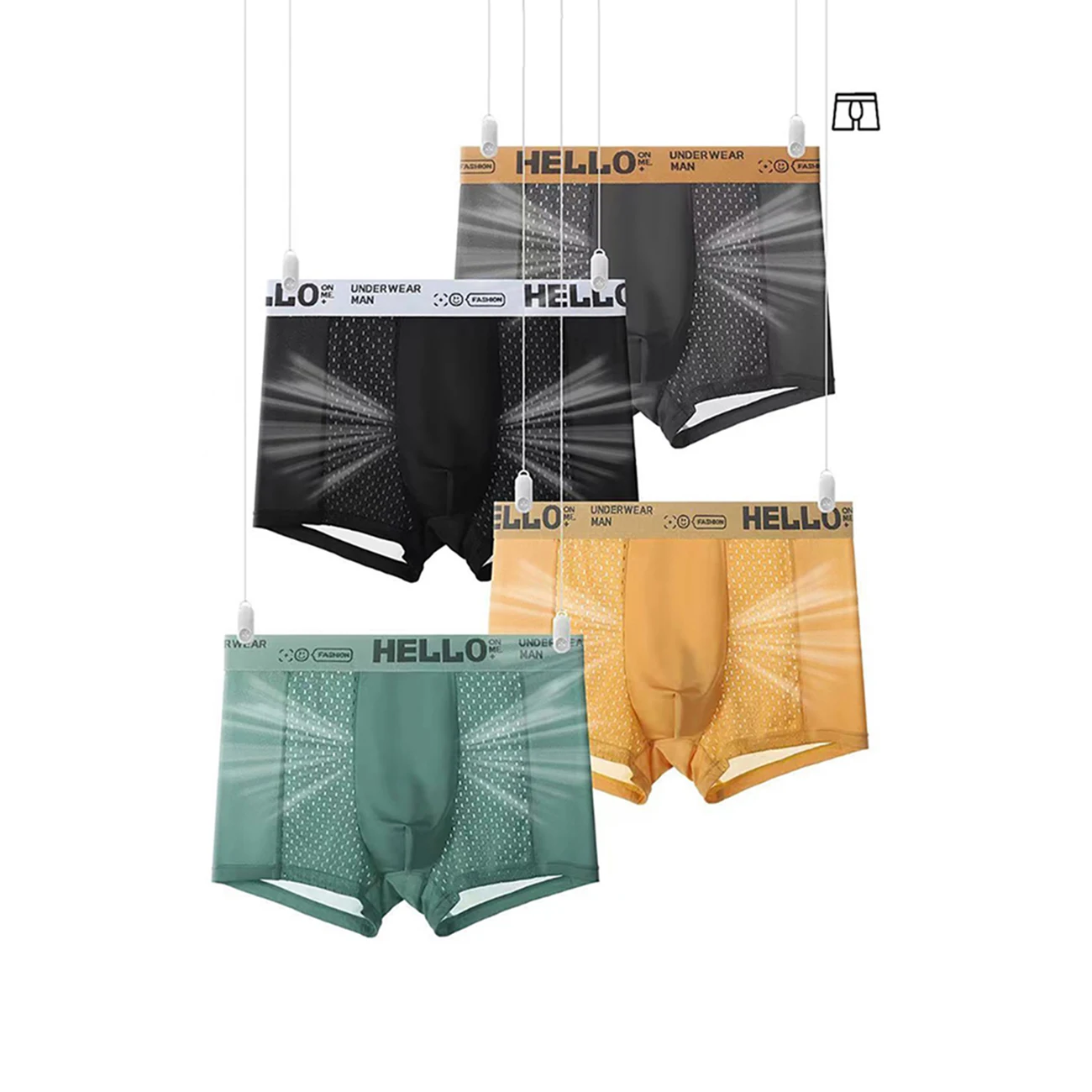 4 Pieces Of Men\'s Black Dark Gray Green Yellow Underwear, Ice Silk High Elasticity Sorts Breathable Fashionable Boxing Shorts