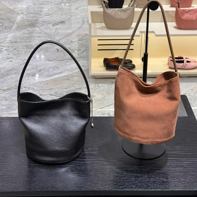 NanGuo Girl Suede Bucket Bag Women's Shoulder Bag Leather Magnetic Buckle Closure Casual Style for Ladies Autumn 2024
