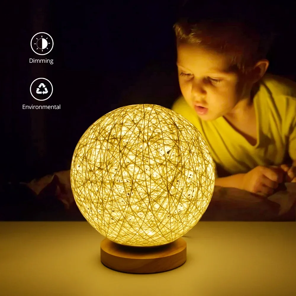 Lámpara de mesa LED de mimbre con enchufe europeo, luz regulable de mesita de noche, decoración de dormitorio, regalo creativo de cumpleaños para niños, 220V