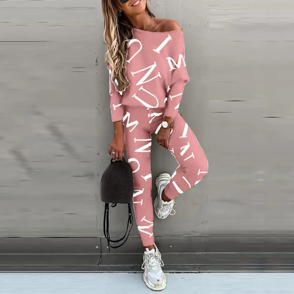 Casual Sweatsuit Two Pieces Set Off Shoulder Women Women Spring Letters Outfit  Sports Suit Skin-friendly