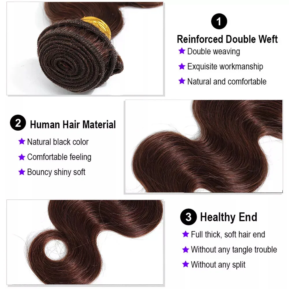 Pacotes brasileiros do cabelo humano para mulheres, onda do corpo, cor marrom chocolate, cabelo humano real, 1 pacotes, 3 extensões dos pacotes, 26 dentro, 28 dentro, 30 dentro, #4