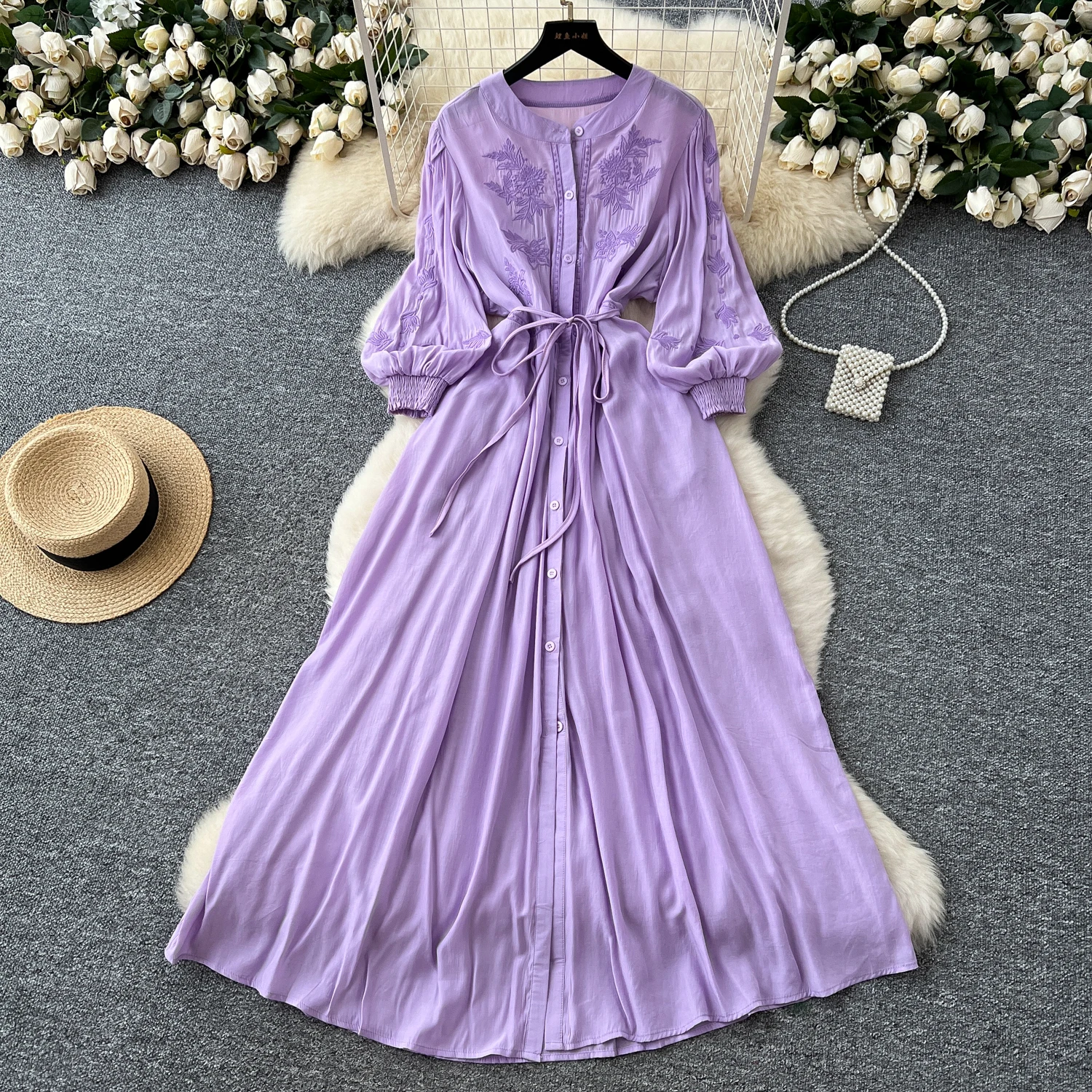 Vintage elegante geborduurde knoopjurk A-lijn chique casual strandvakantie dames zomerjurken