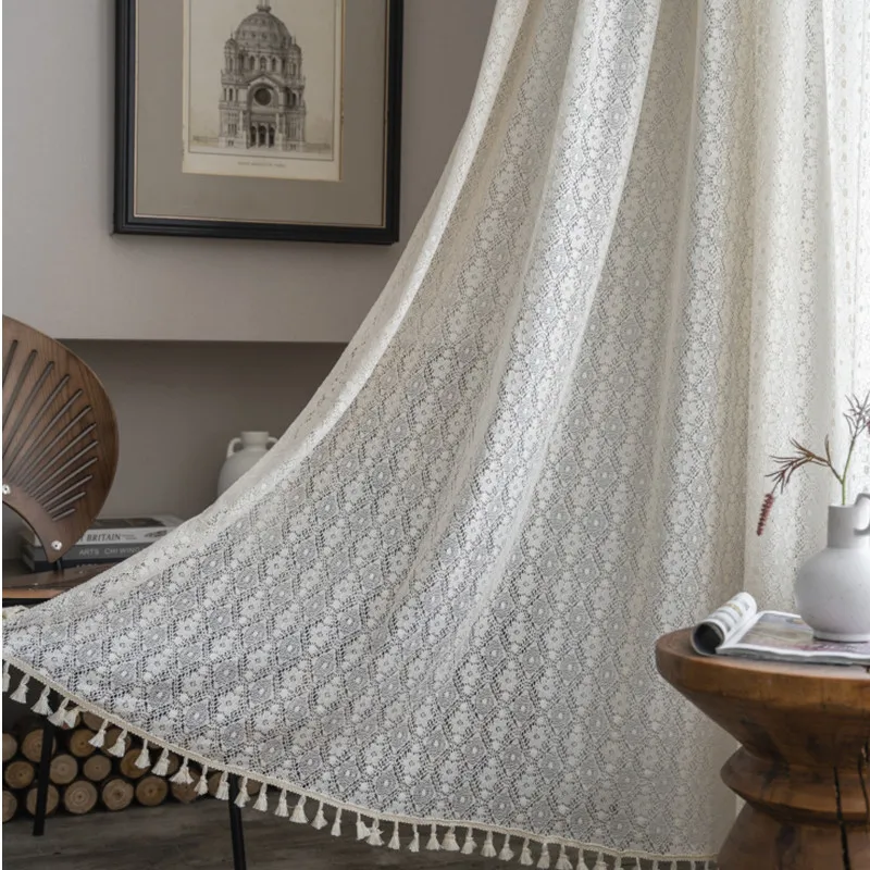 Ins-style beige lace wedding four-leaf clover-shaped lace curtains with tassels cream-coloured curtains