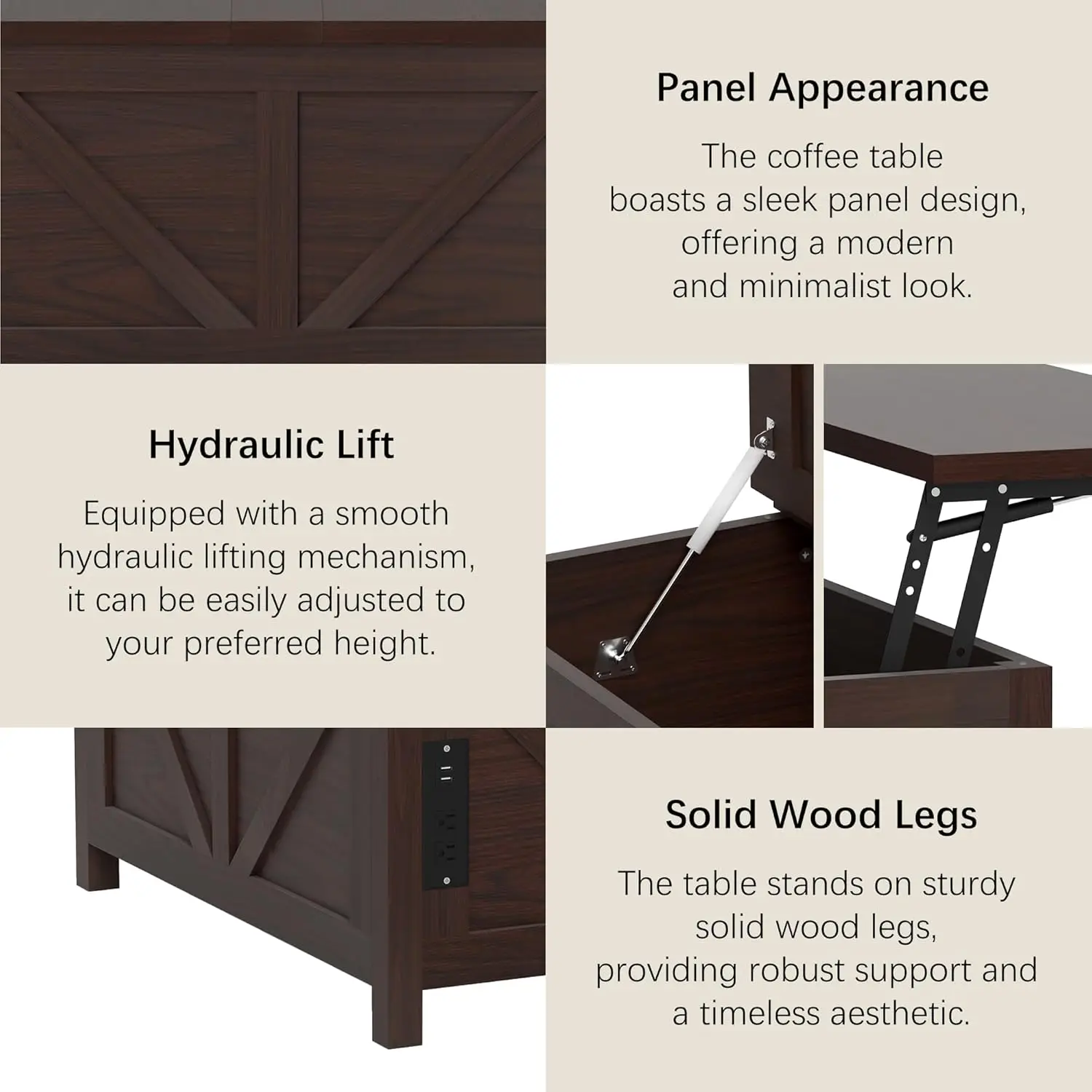 35,6 inch salontafel met hefblad, boerderij met laadstation en USB-poorten, salontafels voor woonkamer, thuiskantoor, bruin