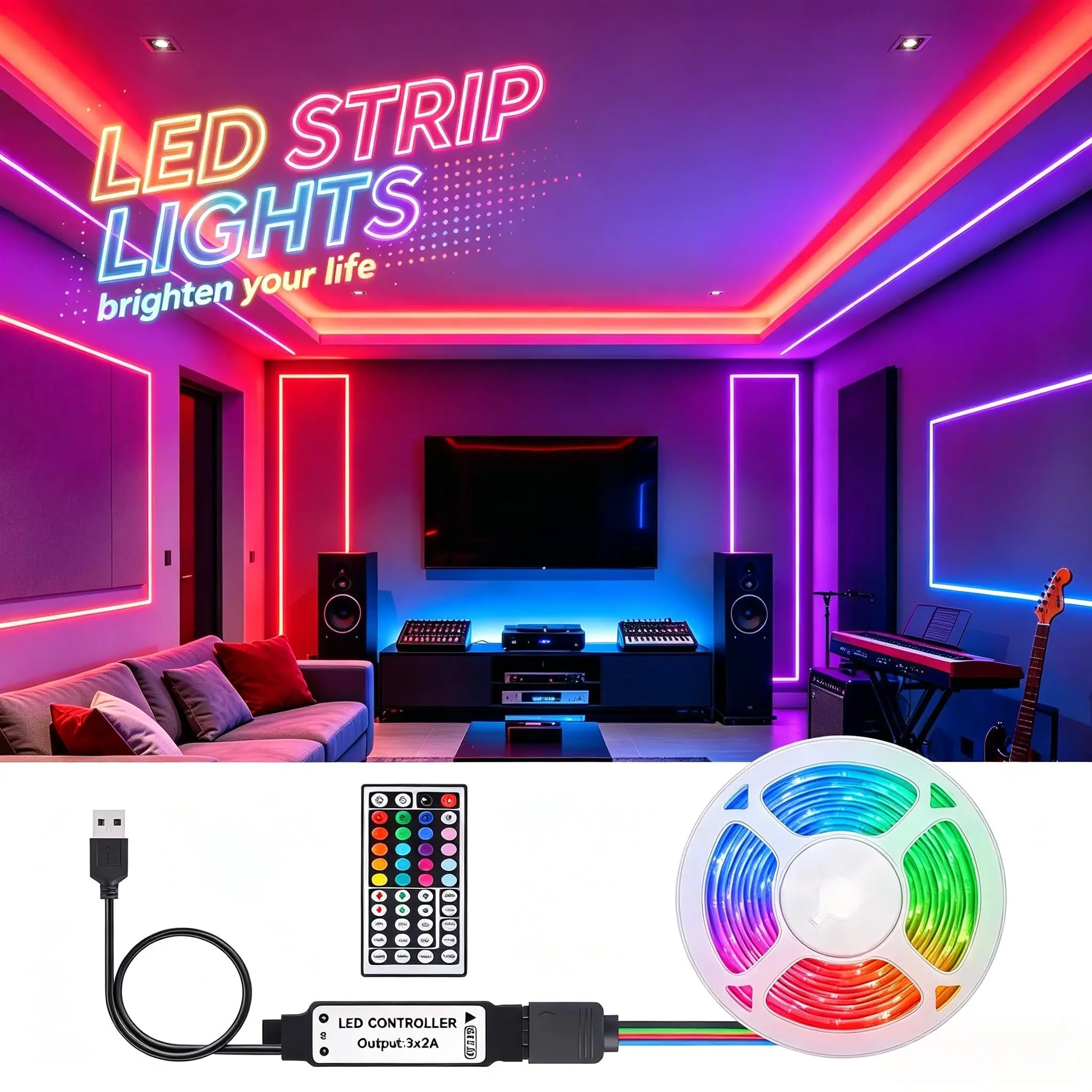 Indoor RGB Light Strip with 44-Key Remote Control, USB Power