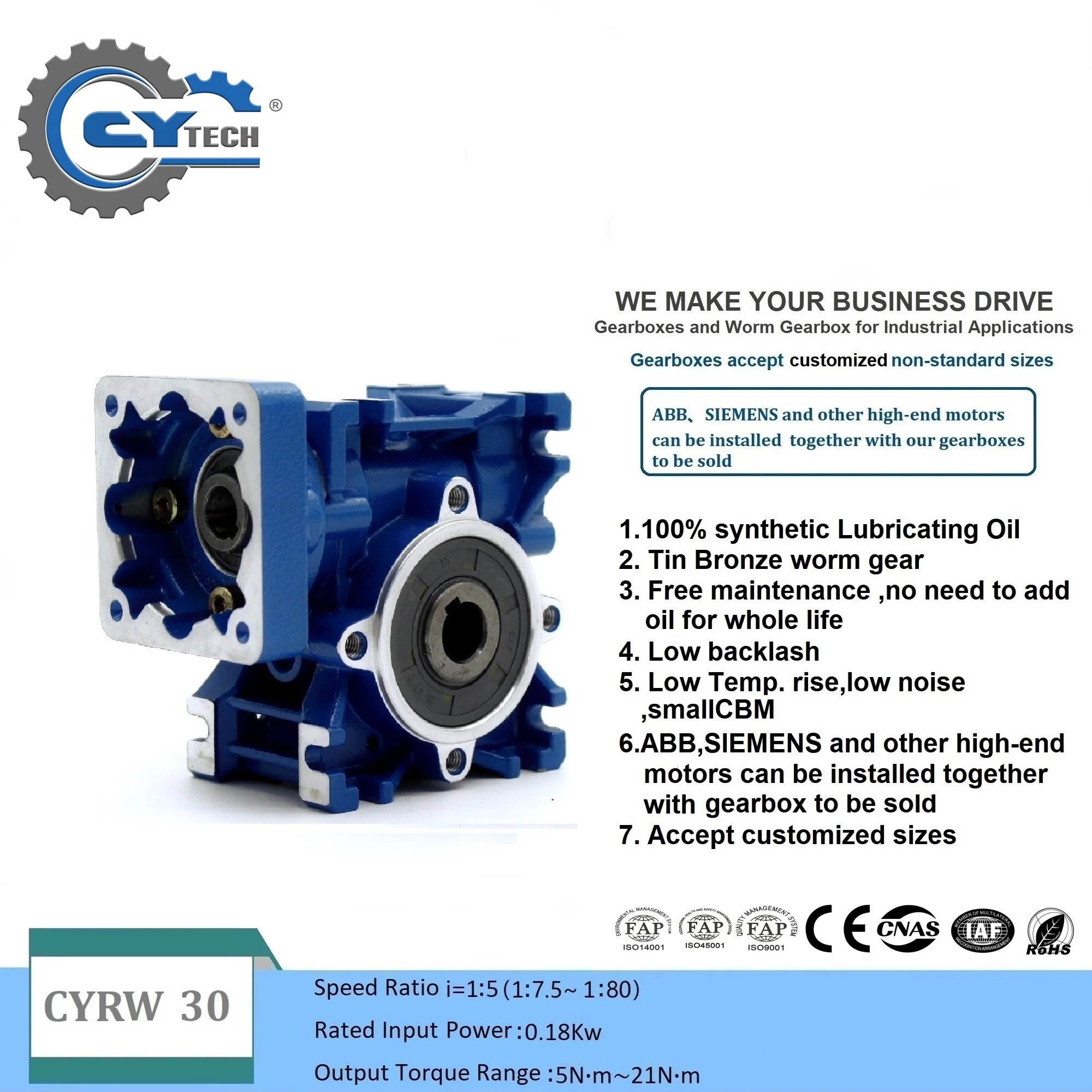 CHENYUE High Torque Worm Gearbox NMRW30 CYRW30 Input 11/9mm Output 14mm Ratio 5-80 Tin Bronze Worm Gear Free Maintenance