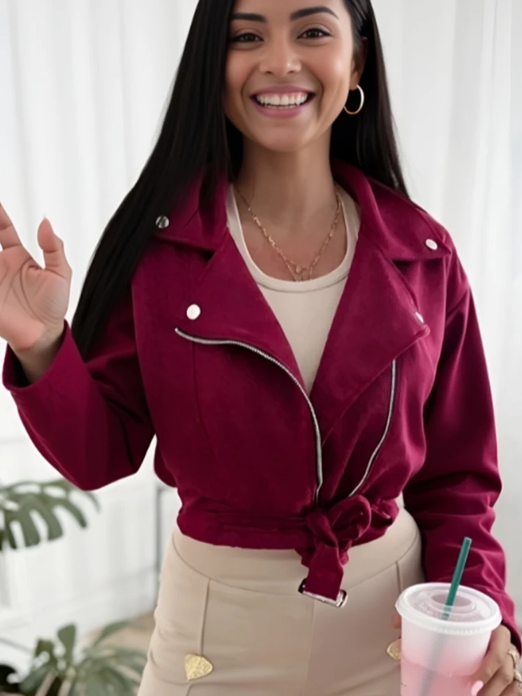 

Autumn Street Style Outwear New Women's Long-sleeved Tie-up Jacket Casual Solid Color Zipper Cardigan Fashion Short Coat