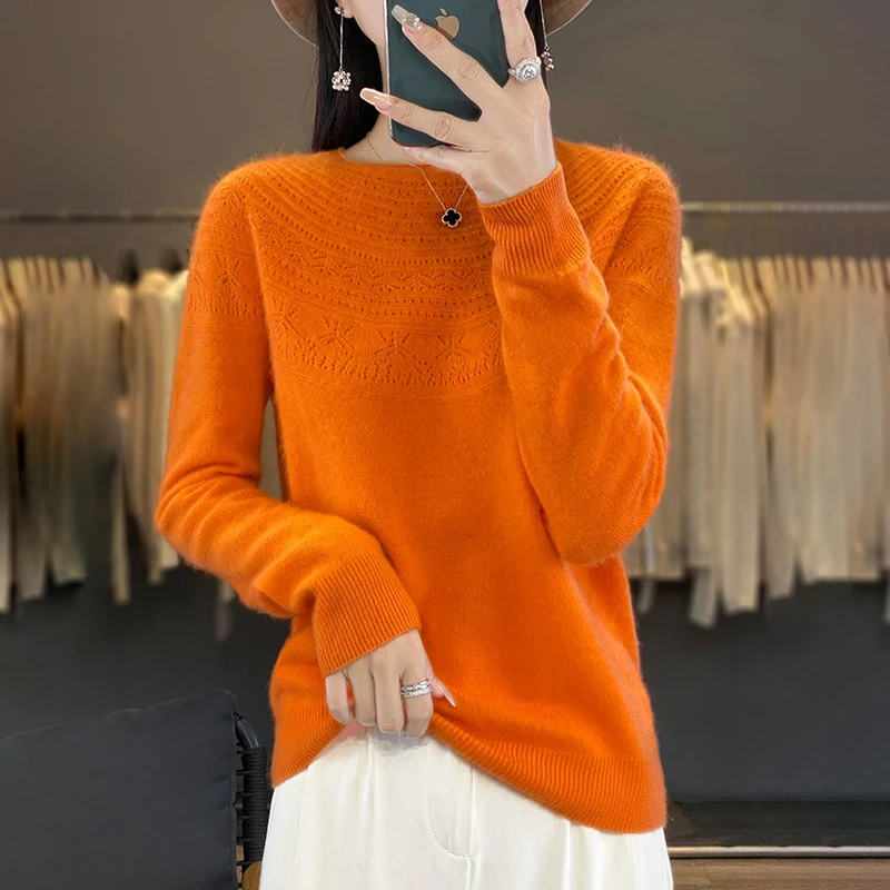 Fashionable style first-line ready-to-wear seamless sweater women's hollow knit pullover fall/winter new round neck collar top