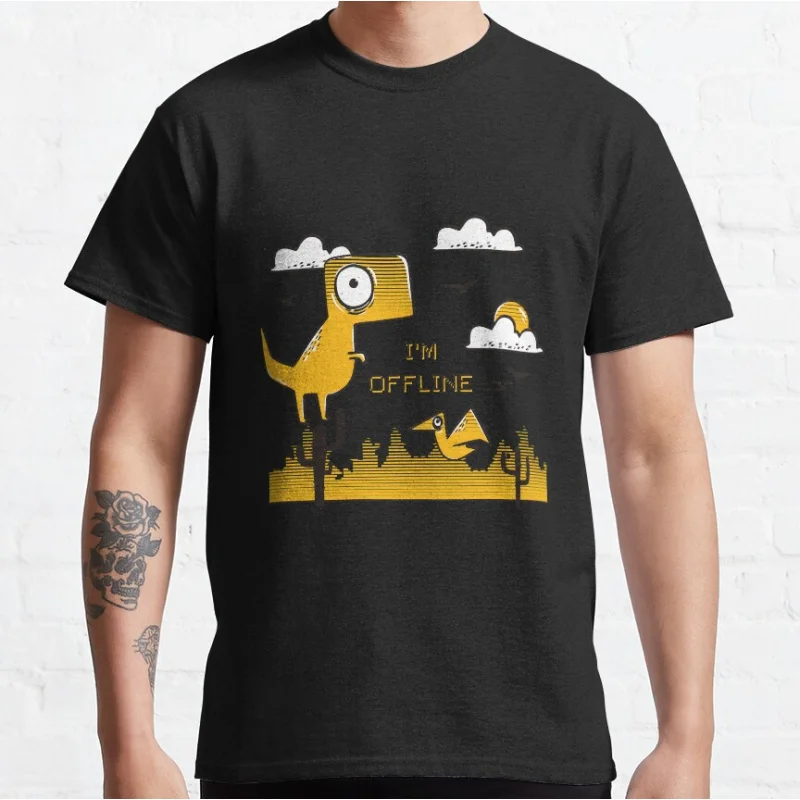 Funny I'm Offline t rex 90s cartoon pixel video game dinosaur T-shirt for men large size Adult Tops S-6xl