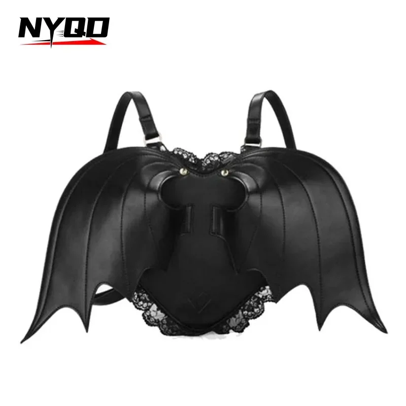 Trend Lace Female Dark Gothic Punk Backpack Black Angel Demon Bat Shoulder Bag Women Rucksack for Girls Bolsas De Mujer