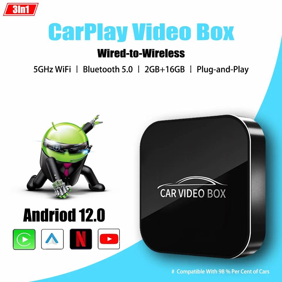 

CarPlay ai Box Wireless Android Auto Wireless Carplay 3in1 Multimedia Adapter Andriod 12.0 Built-in Netflix YouTube Plug & Play