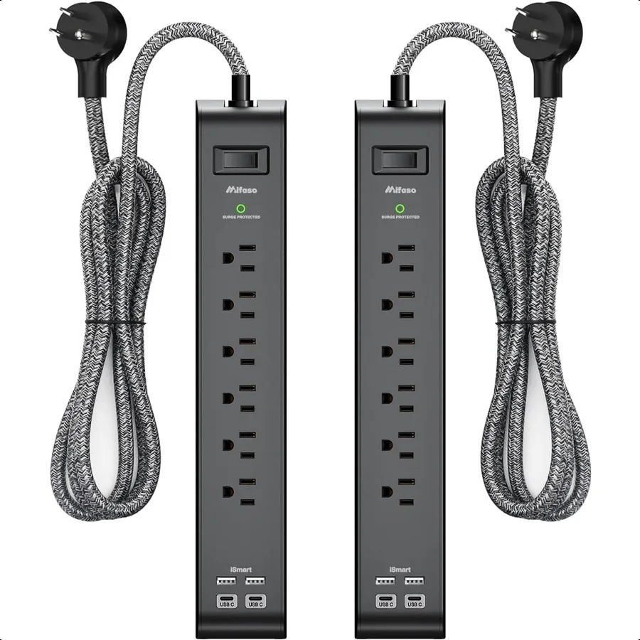 

2 Pack Surge Protector Power Strip with 6 Outlets 4 USB Ports 5Foot Long HeavyDuty Braided Extension Cords Flat Plug 900 Joules