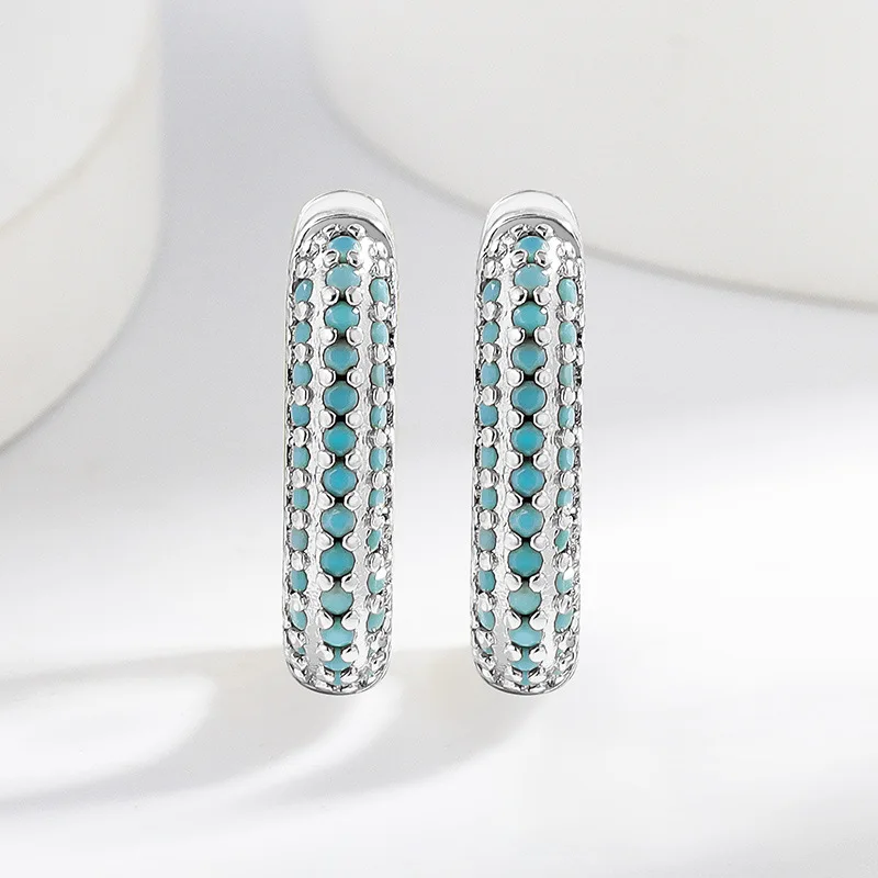 

925 Sterling Silver Fashion Light Luxury Turquoise Color Zircon Diamond Earrings Birthday Party Anniversary Gift
