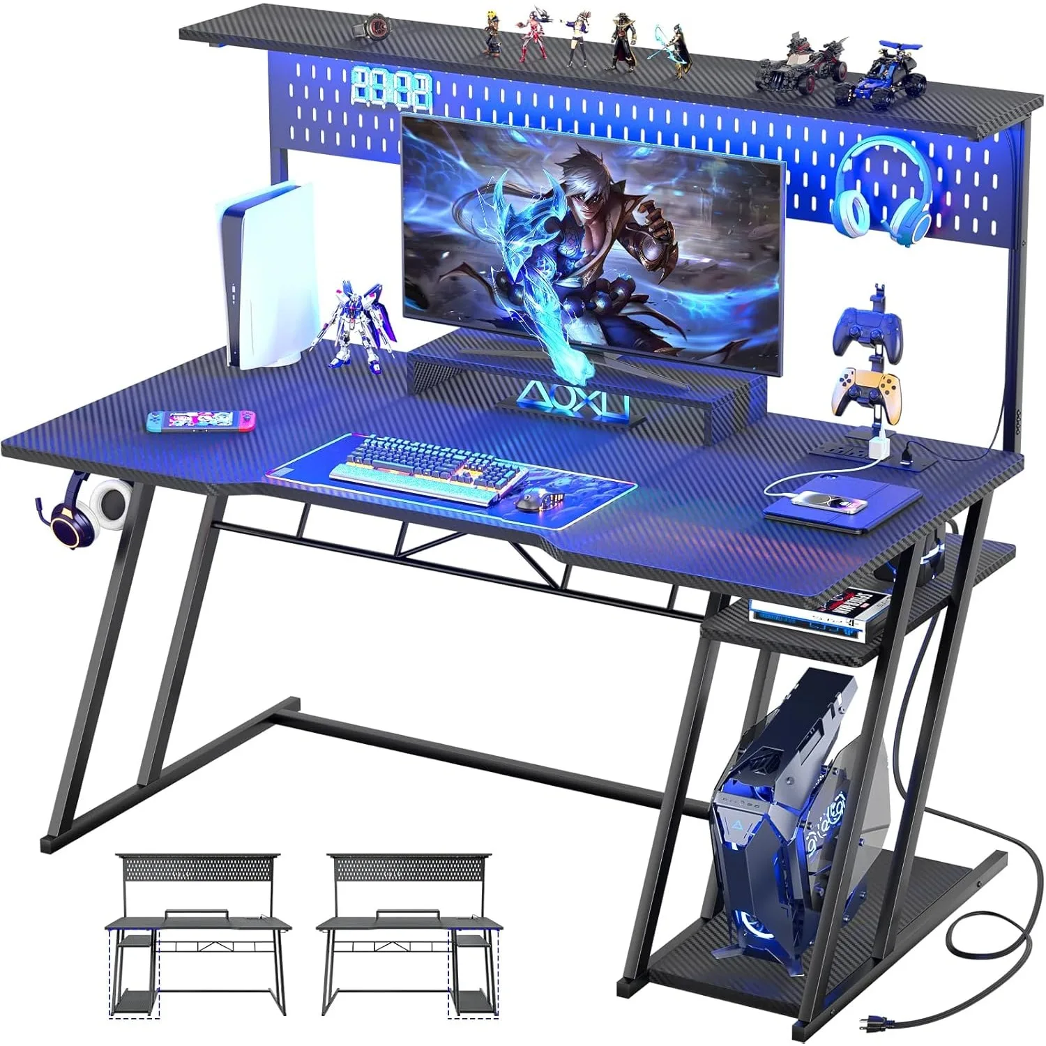 55-inch Gaming computer table with cabinets and LED lights, reversible PC gaming table with storage rack and pegboard, ergonomic