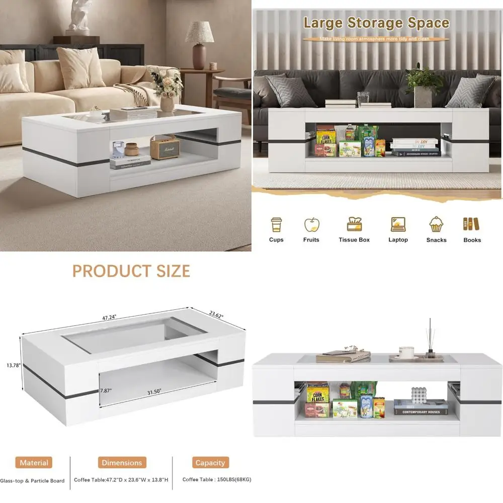 Contemporary 47.2 Inch Rectangular Glass Top Coffee Table with Storage for Large Living Rooms and Two-tier Design