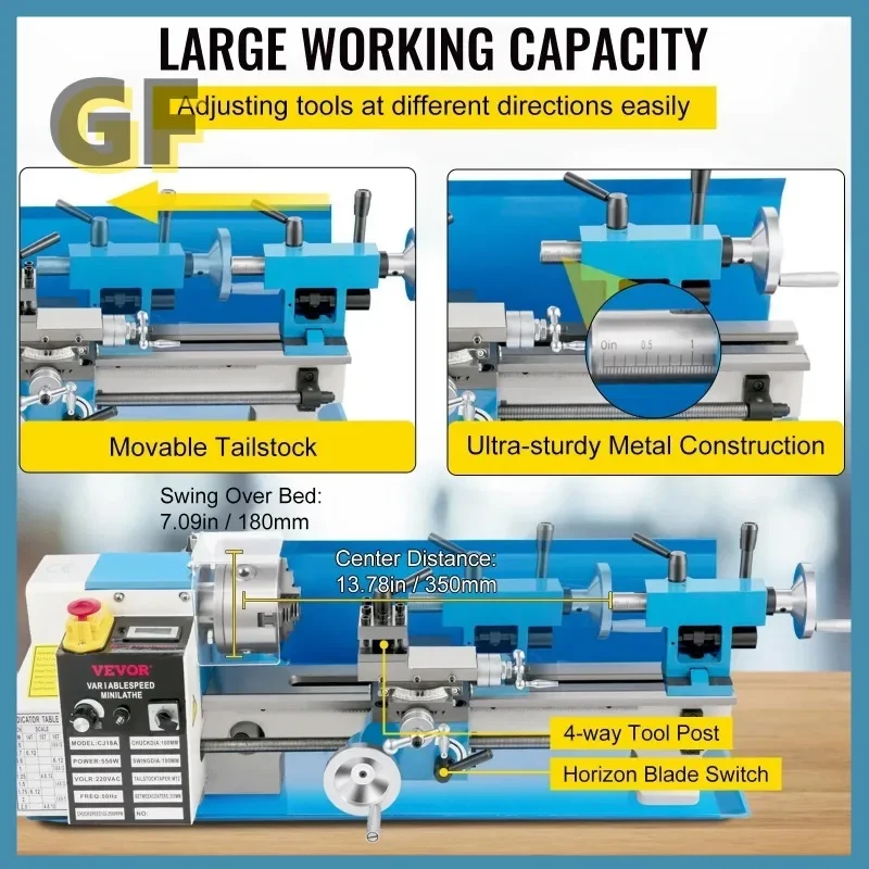 Mini Metal Lathe Machine 7"x14" Benchtop Digital Display 550W Variable Speed with 3-jaw Chuck for Metal Turning Threading