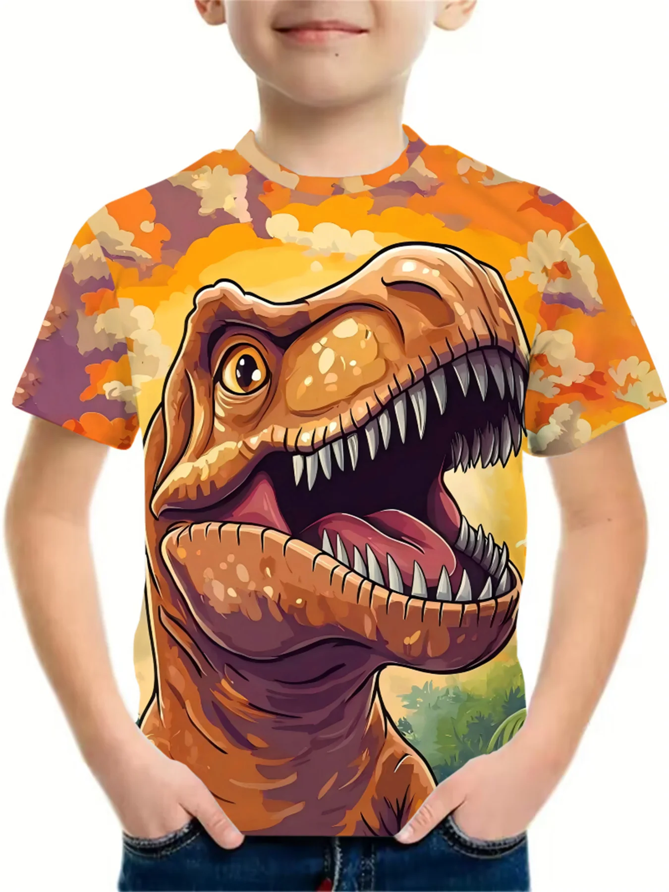 Children Vivid Roaring T‑Rex Print T‑Shirt, Boys Colorful Sunset Dinosaur Art Short Sleeve Crew Neck Casual Daily Tee