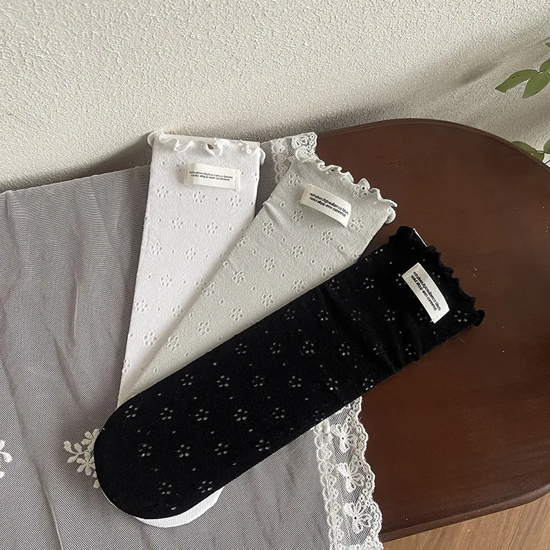 New Summer Chidrens Socks Full-print Hollow Flower Texture Girls Mid-calf Socks with Ruffle Cuffs and Letter Labels