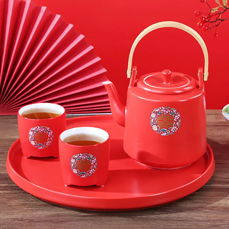 Ceramic Red Wedding Teapot, Porcelain Chinese Style, Double Happiness Tea Infuser, Tea Pot, Cup Set, Luxury Gift