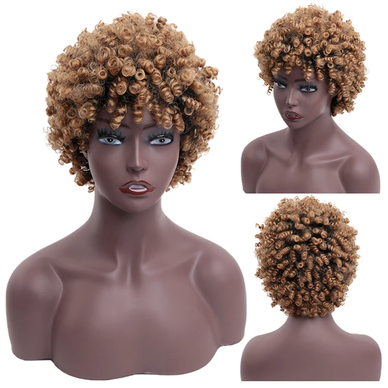 Short Afro Kinky Curly Wig For Women Synthetic Blonde Hair Wig With Natural Bangs Brown Black Daily Party Cosplay Wig